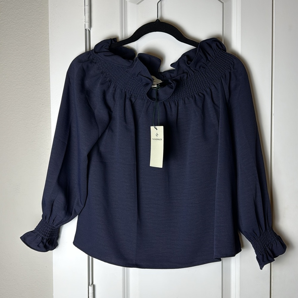 TUCKERNUCK Off the Shoulder Navy Blue Marguerite Blouse